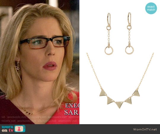 Peggy Li Triangles Necklace and Floating Circles Earrings worn by Felicity Smoak (Emily Bett Rickards) on Arrow