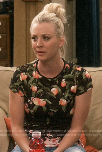 Penny’s black peach print top on The Big Bang Theory