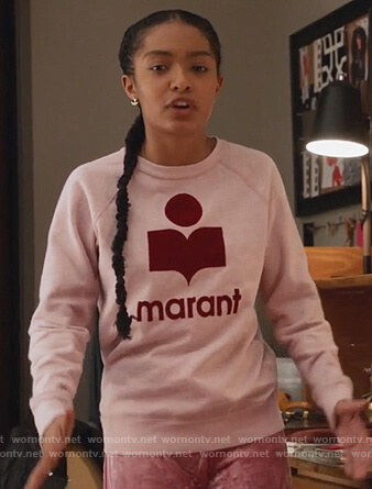 Zoey’s pink marant logo print sweater on Grown-ish