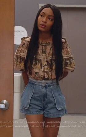 Zoey’s printed top and denim shorts on Grown-ish