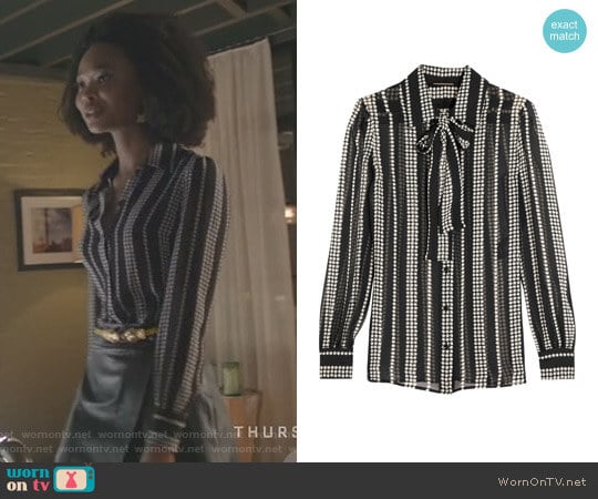 Pussy-bow Printed Silk-georgette Shirt by Saint Laurent worn by Monica Colby (Wakeema Hollis) on Dynasty