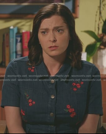 Rebecca's floral embroidered denim dress on Crazy Ex-Girlfriend