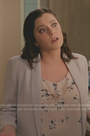 Rebecca's pink floral ruffled top on Crazy Ex-Girlfriend