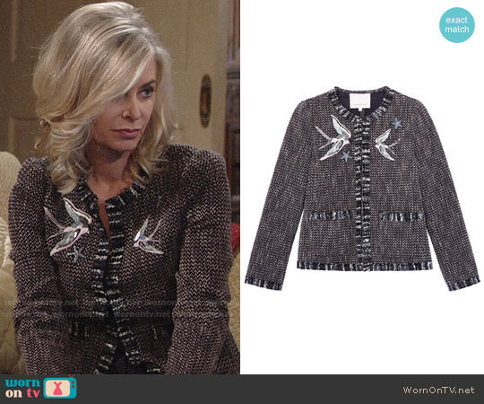 Rebecca Taylor Multi Tweed Bird Embellished Jacket worn by Ashley Abbott (Eileen Davidson) on The Young and the Restless