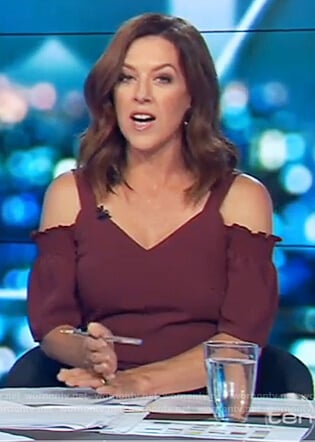 Gorgi's red cold shoulder jumpsuit on The Project