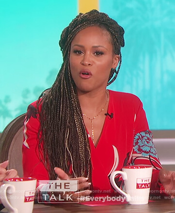 Eve’s red floral print jumpsuit on The Talk