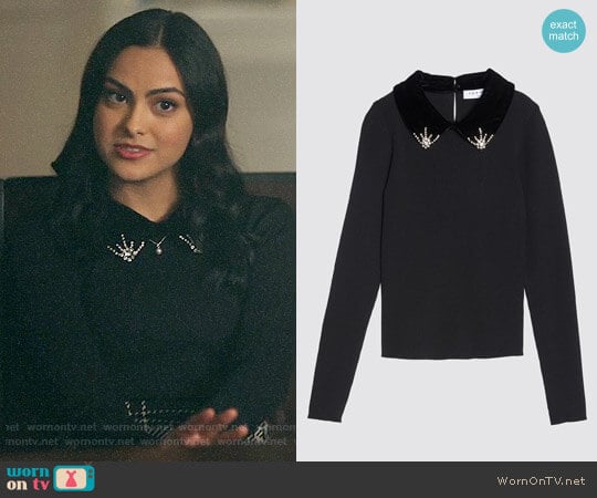 Sandro Sweater with Velvet and Rhinestones worn by Veronica Lodge (Camila Mendes) on Riverdale