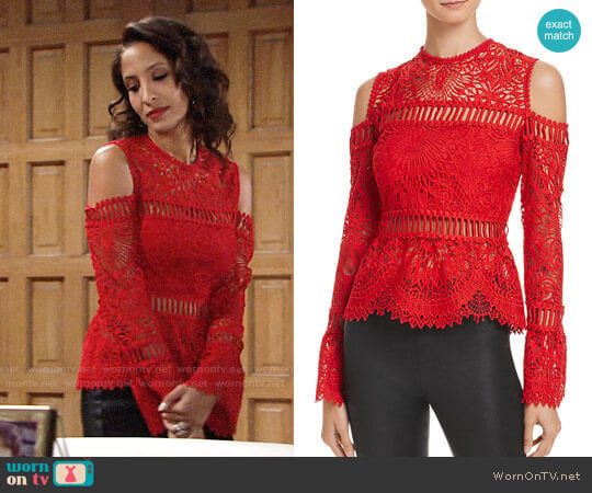 Saylor Sistine Embroidered Lace Cold-Shoulder Top worn by Lily Winters (Christel Khalil) on The Young and the Restless