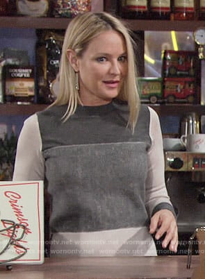 Sharon’s grey colorblock sweater on The Young and the Restless