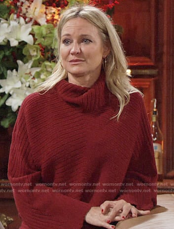 Sharon's red ribbed turtleneck sweater on The Young and the Restless