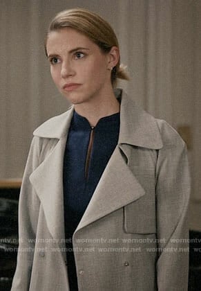 Stevie’s blue keyhole dress and grey coat on Madam Secretary