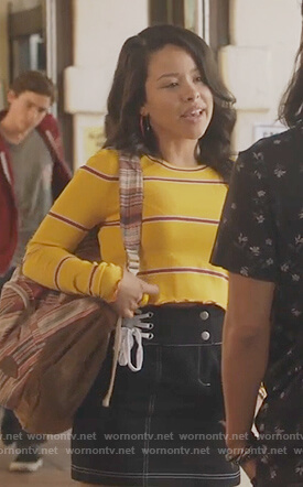 Mariana's yellow striped sweater and lace-up skirt on The Fosters