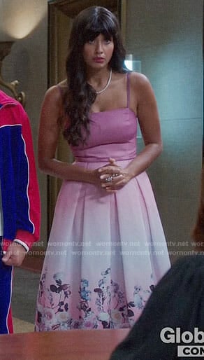 Tahani's pink ombre floral dress on The Good Place