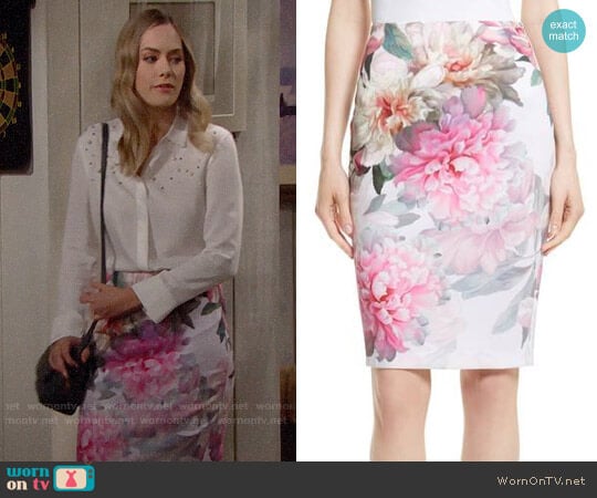 Ted Baker Melodey Painted Posie Pencil Skirt worn by Hope Logan (Annika Noelle) on The Bold and the Beautiful