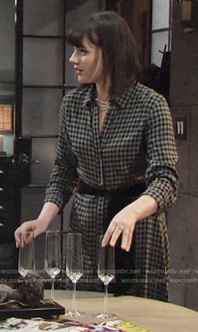 Tessa’s grey gingham check maxi shirtdress on The Young and the Restless