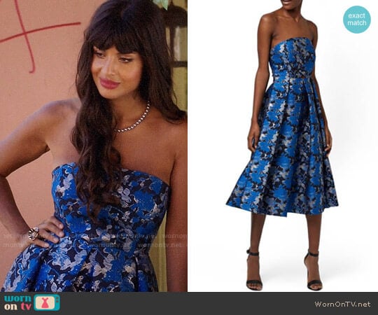 Topshop 'Shadow Jacquard' Strapless Midi Dress worn by Tahani Al-Jamil (Jameela Jamil) on The Good Place