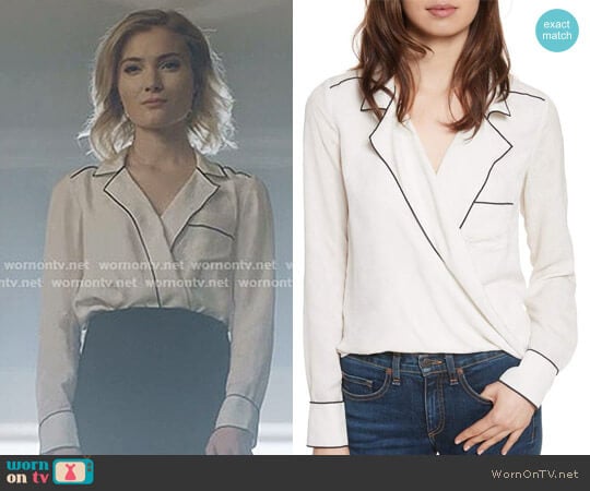 WornOnTV: The Stepford Cuckoos’ white wrap blouse with black piping on ...