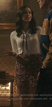 Veronica’s white bow neck top and paisley skirt on Riverdale