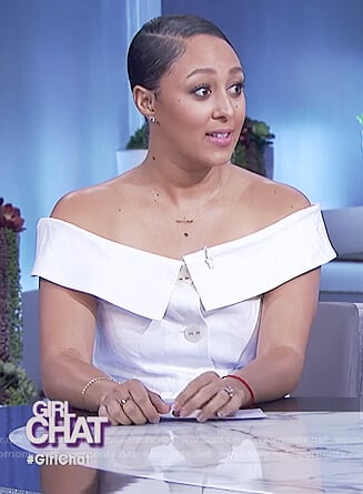 Tamera’s white off shoulder jumpsuit on The Real