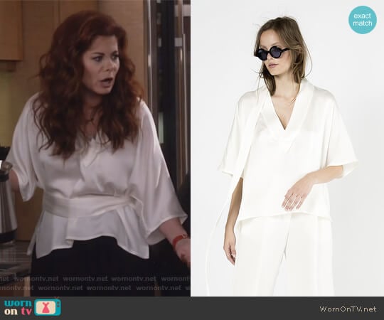 V-neck Waist Tie Top by Wingate Collections worn by Grace Adler (Debra Messing) on Will and Grace