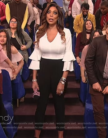 Wendy’s white and black bell sleeve jumpsuit on The Wendy Williams Show