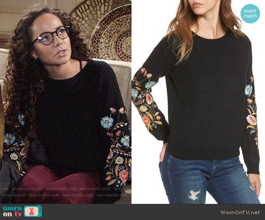 Woven Heart Embroidered Waffle Stitch Sweater worn by Mattie Ashby (Lexie Stevenson) on The Young and the Restless