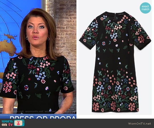 Flower Embroidered Dress by Zara worn by Norah O'Donnell on CBS Mornings