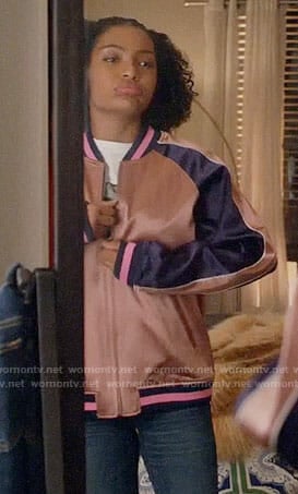 Zoey's pink embroidered bomber jacket on Grown-ish