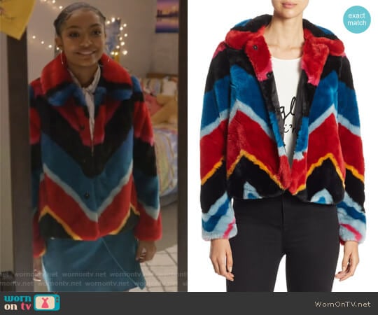 Jerrie Faux Fur Coat by Alice + Olivia worn by Zoey Johnson (Yara Shahidi) on Grown-ish