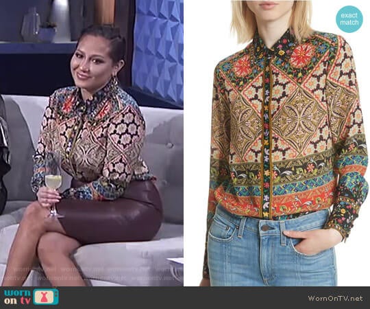 Patchwork Print Silk Shirt by Alice + Olivia worn by Adrienne Houghton on The Real