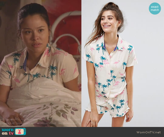 Chelsea Peers Palm Tree Tie Front Pajama Set by ASOS worn by Mariana Foster (Cierra Ramirez) on The Fosters