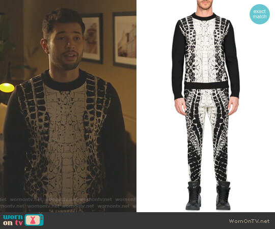 Devore Crocodile Motif Print Sweater and Skinny Pants by Balmain worn by Sam Flores (Rafael de la Fuente) on Dynasty