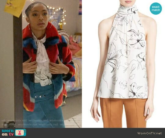 Print Silk High Neck Blouse by Diane von Furstenberg worn by Zoey Johnson (Yara Shahidi) on Grown-ish