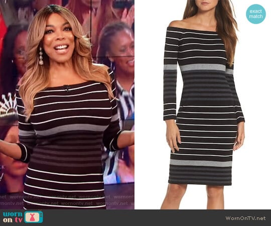 Off the Shoulder Stripe Sheath Dress by Eliza J worn by Wendy Williams on The Wendy Williams Show