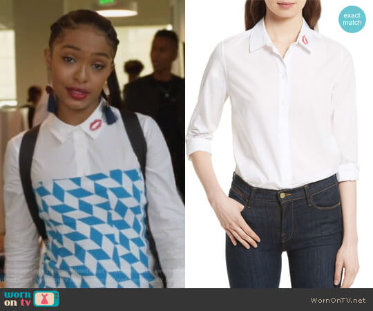 Essential Lip Print Cotton Shirt by Equipment worn by Zoey Johnson (Yara Shahidi) on Grown-ish