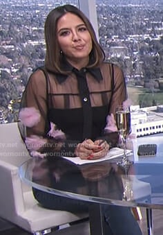 Erin’s black mesh blouse with tulle flowers on E! News Daily Pop