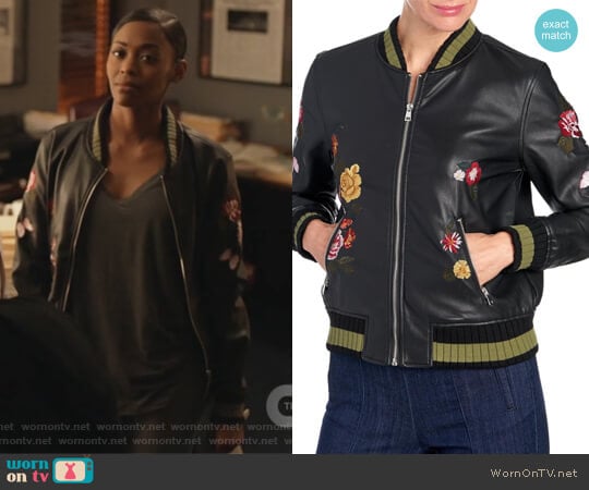 Embroidered Faux Leather Bomber Jacket worn by Anissa Pierce (Nafessa Williams) on Black Lightning