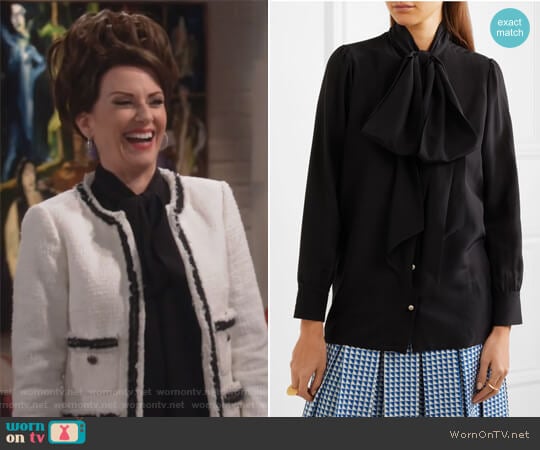 Pussy-bow printed silk blouse by Gucci worn by Karen Walker (Megan Mullally) on Will and Grace