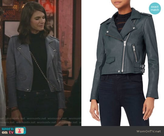 Ashville Blue Cropped Leather Jacket by IRO worn by Leslie Curry (Lindsey Kraft) on Living Biblically