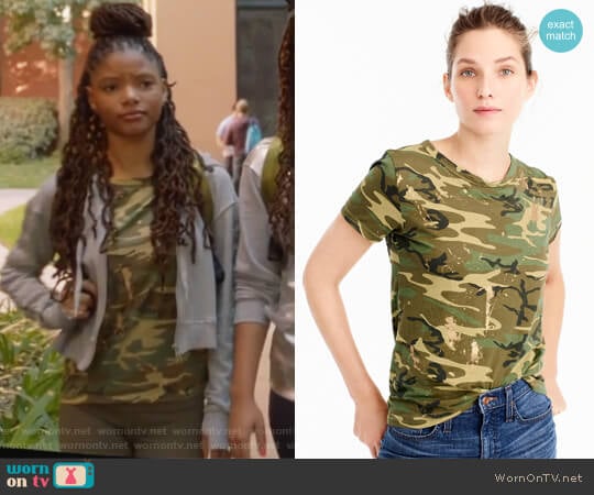 Camo T-shirt by J. Crew worn by Skylar Forster (Halle Bailey) on Grown-ish