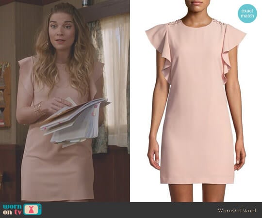 Ruffle Cap-Sleeve Sheath Dress by Laundry by Shelli Segal worn by Alexis Rose (Annie Murphy) on Schitts Creek