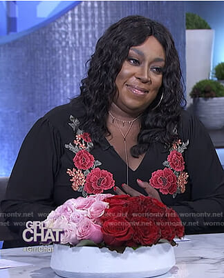 Loni's black floral embroidered jumpsuit on The Real