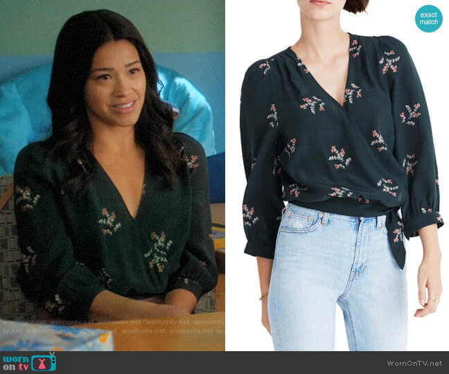 Madewell Poppy Print Silk Wrap Blouse worn by Jane Villanueva (Gina Rodriguez) on Jane the Virgin