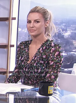 Morgan’s black floral pleated blouse on E! News Daily Pop