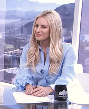 Morgan’s blue blouse with drawstring cuffs on E! News Daily Pop