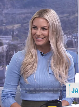 Morgan’s blue ribbed bow sweater on E! News Daily Pop