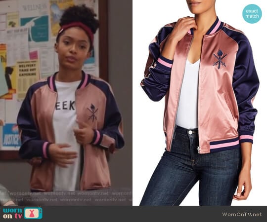 Reversible Silk Graphic Bomber Jacket by Opening Ceremony worn by Zoey Johnson (Yara Shahidi) on Grown-ish