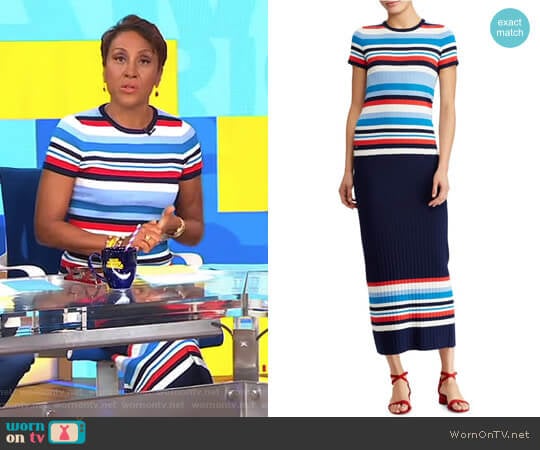 Striped Short-Sleeve Sweater and Rib-Knit Midi Skirt by Lauren Ralph Lauren worn by Robin Roberts on Good Morning America