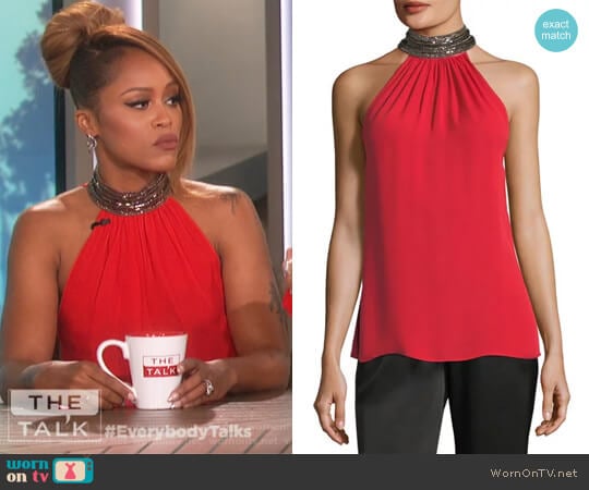 Veronica Beaded Mock-Neck Silk Halter Top by Ramy Brook worn by Eve on The Talk