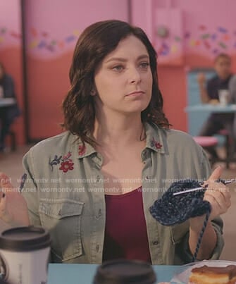 Rebecca’s green embroidered shirt on Crazy Ex-Girlfriend